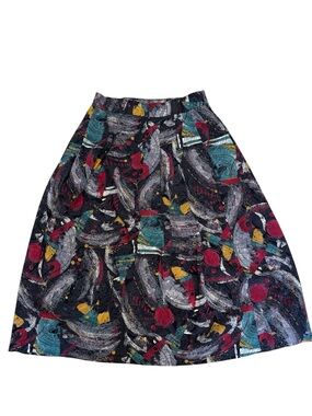 Vintage 80s Abstract Print A-Line Pleated Skirt in Black with Teal & Red Accents
